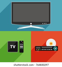 Smart TV, DVD player and TV box receiver flat design long shadow icons