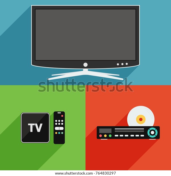 Smart TV, DVD player and TV box receiver flat\
design long shadow icons