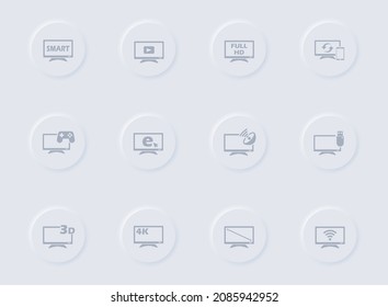 Smart Tv Gray Vector Icons On Round Rubber Buttons. Smart Tv Icon Set For Web, Mobile Apps, Ui Design And Promo Business Polygraphy