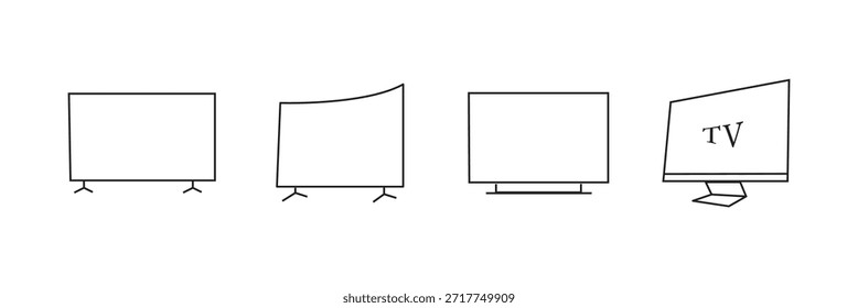 Colección elegante del icono de la TV, 4K, HD, curva, led delgado de la TV, teledirigido, Vector editable del archivo, sistema del icono de la televisión, Vector plano del diseño de la colección del icono del lcd. ILUSTRACIÓN VECTORIAL de conjunto de iconos de pantalla de monitor de TV.