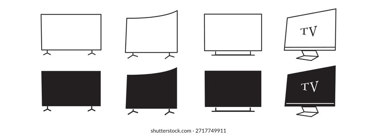Colección elegante del icono de la TV, 4K, HD, curva, led delgado de la TV, teledirigido, Vector editable del archivo, sistema del icono de la televisión, Vector plano del diseño de la colección del icono del lcd. ILUSTRACIÓN VECTORIAL de conjunto de iconos de pantalla de monitor de TV.
