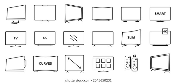 La colección elegante del icono de la TV, contiene tal icono como monitor, pantalla, 4K, HD, curva, led delgado de la TV, Vector de archivo editable remoto