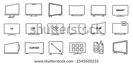 Smart TV icon collection, contain such icon as monitor, screen, 4K, HD, Curve, Slim TV LED, Remote, editable file vector