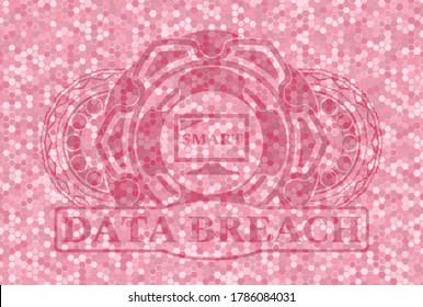 smart TV icon and data breach text pink color tile mosaic style realistic badge. Geometric hexagon exquisite background. Artistic illustration. 