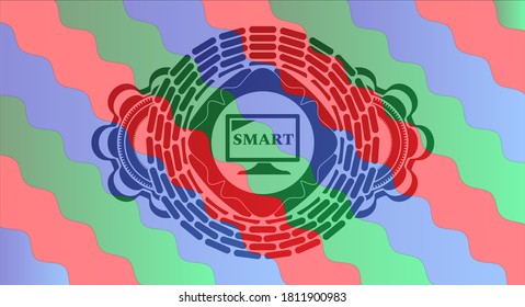 icono de la TV inteligente dentro del emblema de los dulces coloridos. Curvando un bonito fondo. Ilustración. 