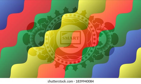 smart TV icon inside Colorful candy multicolored realistic badge. Curvy luxurious background. Vector illustration. 