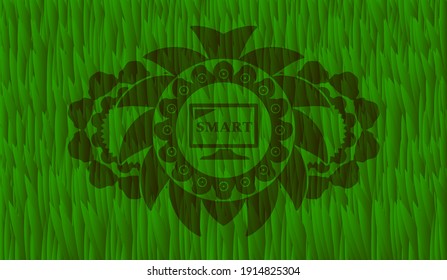 smart TV icon inside green grass badge. Eco handsome background. Vector illustration. 