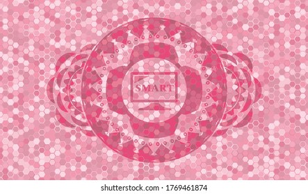 icono de TV inteligente dentro de mosaico de mosaico color rosa estilo placa realista. Exquisito fondo de hexágono geométrico. Ilustración artística. 