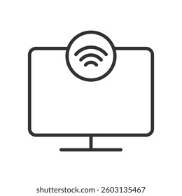 Smart TV, icon in line design. Smart, IoT TV, connected, internet TV, home entertainment on white background vector. Smart TV, icon in line design, editable stroke icon
