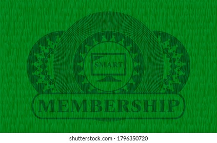 smart TV icon and Membership text green pasture grass realistic emblem. Eco fancy background. Vector illustration. 