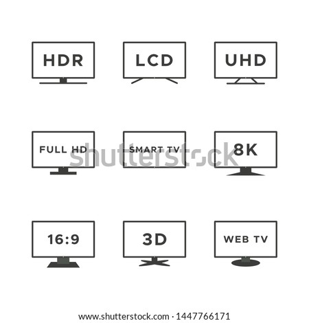 Smart TV icon set. Black line TV screens isolated on white background. Web TV features: HDR, LCD, UHD, full HD, 8K, 16:9. Vector illustration, flat design