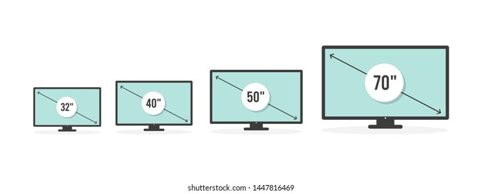 Smart TV icon set. Diagonal screen size in 32, 40, 50 and 70 inches. Lcd television display. Computer monitor. Vector illustration, flat design