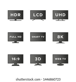 Smart TV icon set. Gradient TV screens isolated on white background. Web TV features: HDR, LCD, UHD, full HD, 8K, 16:9. Vector illustration, flat design