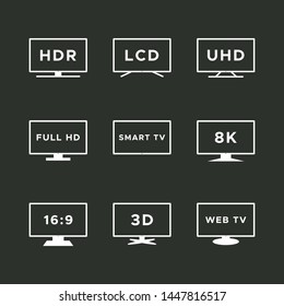 Smart TV Icon Set. White Line TV Screens Isolated On Black Background. Web TV Features: HDR, LCD, UHD, Full HD, 8K, 16:9. Vector Illustration, Flat Design