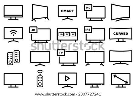 smart TV icons set, contain such icon as monitor, screen, 4K, HD, LCD, Remote, and more. editable file