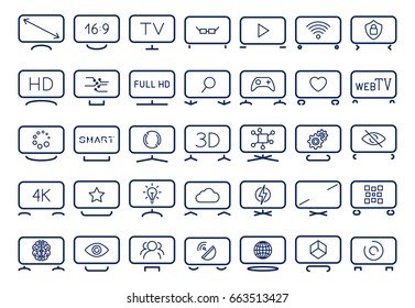 Smart TV icons set, flat design, vector illustration. Icons depicting smart TV with different stands and different functions. Icons set with editable stroke