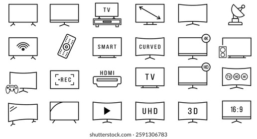 Smart tv icons set with outline vector editable stroke