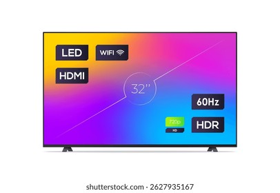 Smart TV with information on screen and colorful background. Diagonal screen size in 32 inches. Realistic LED TV wide display with thin frame. Template for advertising. Vector illustration
