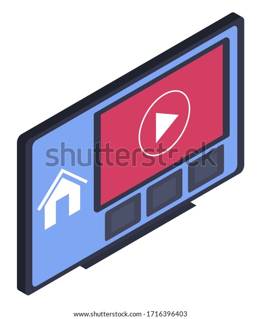 Smart TV interface on screen isolated icon, home\
electric appliance vector. LED television display Watch video and\
multimedia box. Modern technologies, movies and programs watching\
on wide display