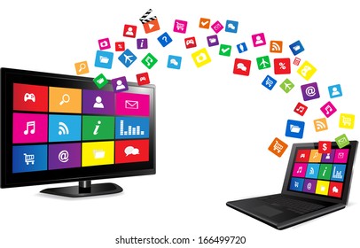 Smart TV And Laptop With Apps Colorful Application Icons On White Background 