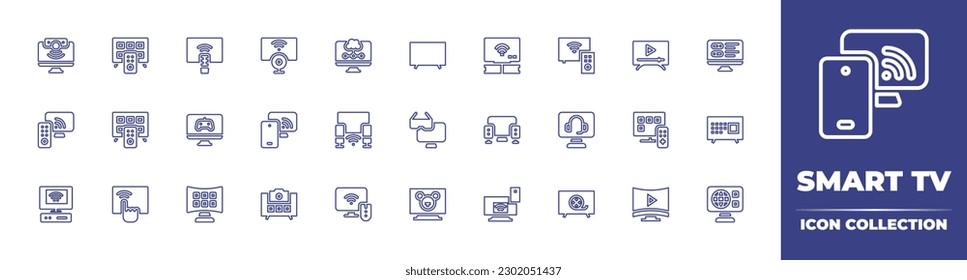 Smart tv line icon collection. Editable stroke. Vector illustration. Containing projector, smart tv, cloud, tv monitor, controller, joystick, television, touch screen, camera, children, sync, watch.