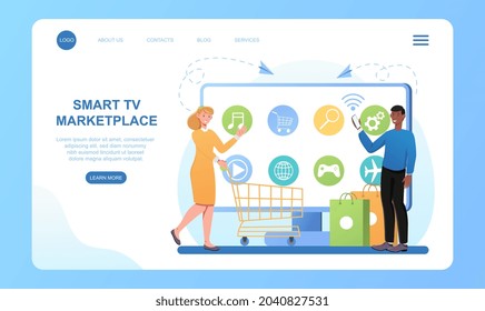 Smart TV marketplace. Purchase of goods via Internet, delivery to selected address. Girl chooses devices from home. Smart TV applications. Cartoon flat vector illustration isolated on white background