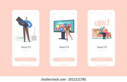 Integrierte Bildschirmvorlage für intelligente Mobilfunk-App. Familiencharakter auf Sofa zu Hause in riesigem Fernsehen Set Video ansehen, Multimedia Digital Service Konzept. Vektorgrafik von Cartoon People