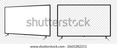 Smart tv mockup. Front and side view with white empty screen on transparent background.