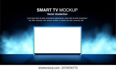 Smart TV Mockup: Ultra HD OLED 4K LED Screen Banner with Glowing Background and Light and Smog Effects for Leaflets, Brochures, and Website Banners – Vector Illustration.