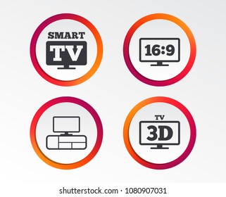Smart TV mode icon. Aspect ratio 16:9 widescreen symbol. 3D Television and TV table signs. Infographic design buttons. Circle templates. Vector