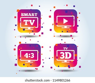 Smart TV mode icon. Aspect ratio 4:3 widescreen symbol. 3D Television sign. Colour gradient square buttons. Flat design concept. Vector