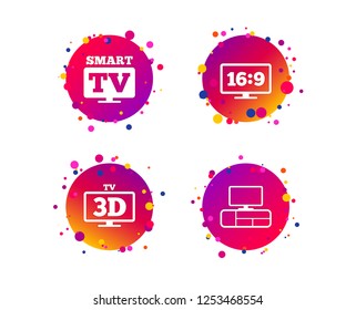Smart TV mode icon. Aspect ratio 16:9 widescreen symbol. 3D Television and TV table signs. Gradient circle buttons with icons. Random dots design. Vector
