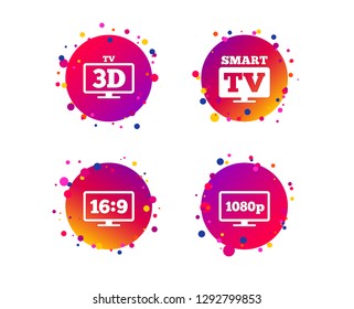 Smart TV mode icon. Aspect ratio 16:9 widescreen symbol. Full hd 1080p resolution. 3D Television sign. Gradient circle buttons with icons. Random dots design. Vector
