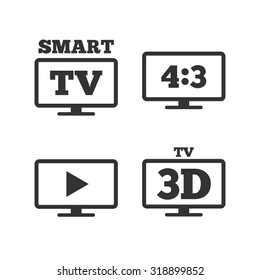 Smart TV mode icon. Aspect ratio 4:3 widescreen symbol. 3D Television sign. Flat icons on white. Vector