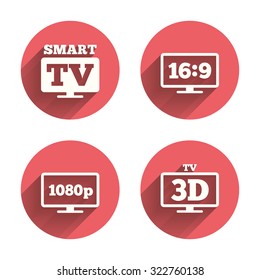 Smart TV mode icon. Aspect ratio 16:9 widescreen symbol. Full hd 1080p resolution. 3D Television sign. Pink circles flat buttons with shadow. Vector
