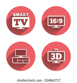 Smart TV mode icon. Aspect ratio 16:9 widescreen symbol. 3D Television and TV table signs. Pink circles flat buttons with shadow. Vector
