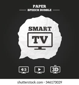 Smart TV mode icon. Aspect ratio 4:3 widescreen symbol. 3D Television sign. Paper speech bubble with icon.