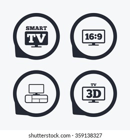 Smart TV mode icon. Aspect ratio 16:9 widescreen symbol. 3D Television and TV table signs. Flat icon pointers.