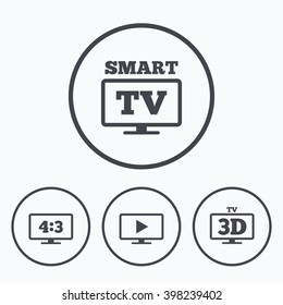Smart TV mode icon. Aspect ratio 4:3 widescreen symbol. 3D Television sign. Icons in circles.