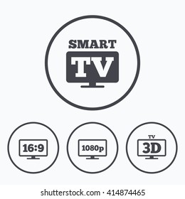 Smart TV mode icon. Aspect ratio 16:9 widescreen symbol. Full hd 1080p resolution. 3D Television sign. Icons in circles.