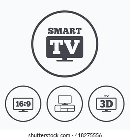 Smart TV mode icon. Aspect ratio 16:9 widescreen symbol. 3D Television and TV table signs. Icons in circles.