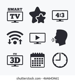 Smart TV Mode Icon. Aspect Ratio 4:3 Widescreen Symbol. 3D Television Sign. Wifi Internet, Favorite Stars, Calendar And Clock. Talking Head. Vector