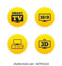 Smart TV mode icon. Aspect ratio 16:9 widescreen symbol. 3D Television and TV table signs. Yellow stars labels with flat icons. Vector