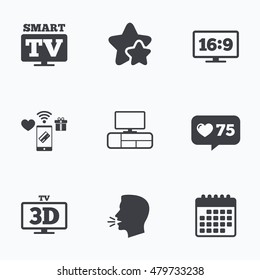 Smart TV Mode Icon. Aspect Ratio 16:9 Widescreen Symbol. 3D Television And TV Table Signs. Flat Talking Head, Calendar Icons. Stars, Like Counter Icons. Vector