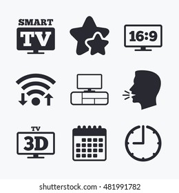 Smart TV mode icon. Aspect ratio 16:9 widescreen symbol. 3D Television and TV table signs. Wifi internet, favorite stars, calendar and clock. Talking head. Vector