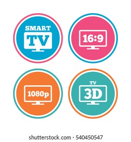 Smart TV mode icon. Aspect ratio 16:9 widescreen symbol. Full hd 1080p resolution. 3D Television sign. Colored circle buttons. Vector