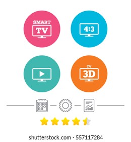 Smart TV mode icon. Aspect ratio 4:3 widescreen symbol. 3D Television sign. Calendar, cogwheel and report linear icons. Star vote ranking. Vector