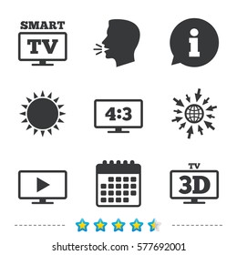 Smart TV mode icon. Aspect ratio 4:3 widescreen symbol. 3D Television sign. Information, go to web and calendar icons. Sun and loud speak symbol. Vector