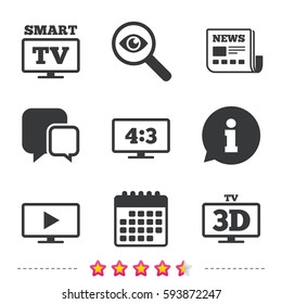 Smart TV mode icon. Aspect ratio 4:3 widescreen symbol. 3D Television sign. Newspaper, information and calendar icons. Investigate magnifier, chat symbol. Vector