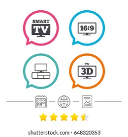 Smart TV mode icon. Aspect ratio 16:9 widescreen symbol. 3D Television and TV table signs. Calendar, internet globe and report linear icons. Star vote ranking. Vector